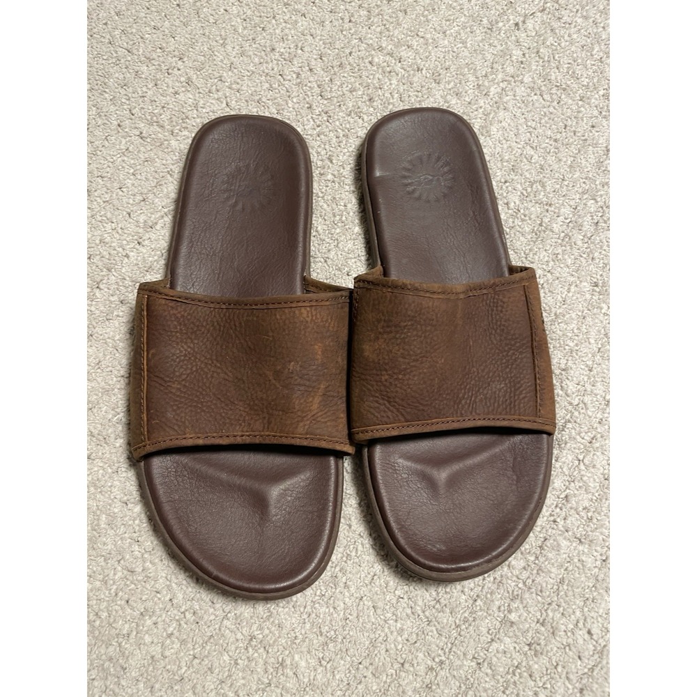 UGG Men Seaside Slide 9 Sandals Brown Luggage Leather Open Toe Comfort Shoes